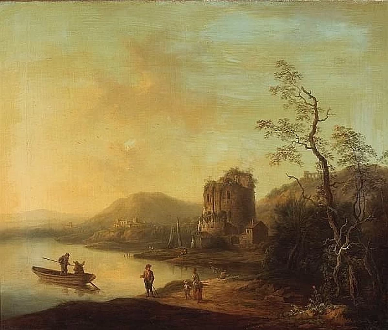 Johann Christian Vollerdt - 106, Paesaggio fluviale con figure sulla riva e rovine sullo sfondo